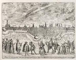 Komet set over Augsburg slutningen af november 1618, fra Cometen Historia, pub. 1618 af German School