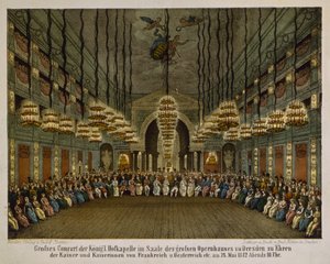 Koncert med det kongelige band i auditoriet i Dresdens operahus til ære for det kejserlige par, 1812 (farve litho) af German School
