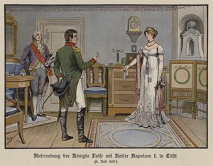 Samtale mellem dronning Louise af Preussen og kejser Napoleon I i Tilsit, 6. juli 1807 (farve litho) af German School