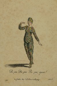 Kostumedesign til rollen som Papageno i operaen Tryllefløjten af Wolfgang Amadeus Mozart, udgivet i Leipzig af I. B. Klein, 1793 (farvestik) af German School