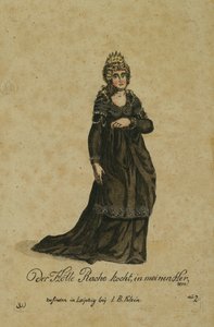 Kostumedesign til rollen som Nattens Dronning i operaen Tryllefløjten af Wolfgang Amadeus Mozart, udgivet i Leipzig af I. B. Klein, 1793 (farvestik) af German School