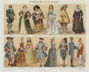 Kostumer fra det 17. til det 19. århundrede (farve litho) af German School