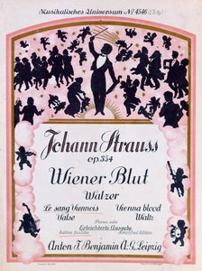 Cover af partituret af den berømte vals Wiener Blut op.354 af Johann Strauss II, (1825-99), 1930 af German School