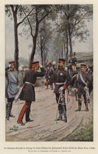 Kronprins Frederik af Tyskland tildeler feltmarskal Helmuth von Moltke jernkorset på vegne af sin far, kejser Wilhelm I (farve litho) af German School