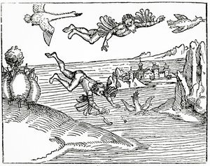 Daedalus, der flygter fra Kreta med sin søn, Icarus, ser ham falde i døden, 1493 (træsnitsgravering) af German School