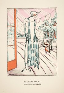 "Das Auto Ist Da!", reklame for kjole af Marie Latz, fra Styl, pub.1922 (pochoir print) af German School