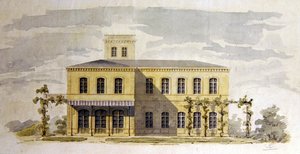Design til en italiensk klassisk villa, ca. 1850 (akvarel med pen og blæk på papir) af German School