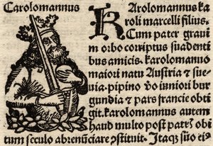 Detalje fra et originalt incunabelt blad, der forestiller Karl den Store (742-814) før 1500 (se også 237071) af German School