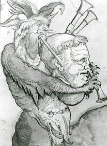 Devil Playing Mans Head as Sækkepiber, 1144 (træsnit) af German School
