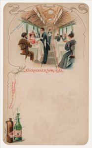 Spisevogn på et tog, reklame for Ueberkinger Sprudel bordvand (chromolitho) af German School