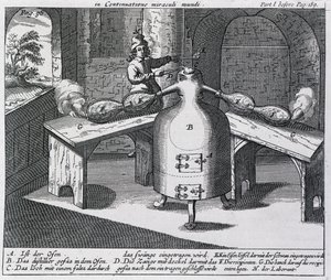 Destillation af salpetersyre (Aqua fortis eller afskedssyre) i en jernmand med to næser af German School