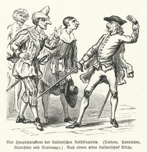 Doctor, Pantalone, Arlecchino og Scaramuccia, fire karakterer fra Commedia dell