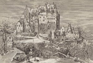 Eltz Slot, i bakkerne over Mosel-floden, Tyskland, som det så ud i slutningen af det 16. århundrede (litho) af German School