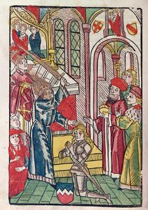 Kejser Sigismund (1367-1437) af Luxemburg efternavner en ridder (farvetræsnit) af German School
