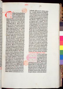 Slutningen af Pentateuken og begyndelsen af Josvas Bog, fra Gutenberg-bibelen, trykt af Johannes Gutenberg (ca. 1400-68) & og Peter Schoeffer (1425-1502) i Mainz, 1454-56 (trykt papir)