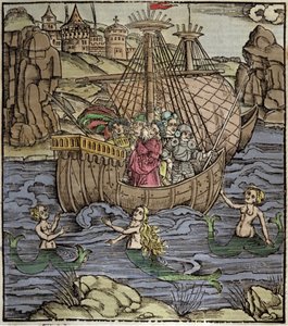 Eneide de Virgil (70 f.Kr.-19 f.Kr.), de trojanske helte Enee og hans ledsagere krydser et hav fyldt med sirene. Xylografi af Sebastian Brant (1458-1521). Strasbourg af German School