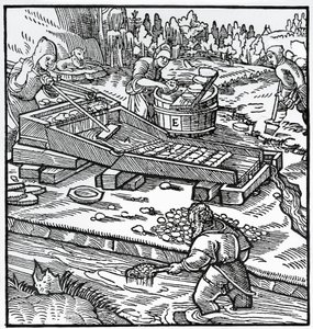 Gravering fra De re metallica (Om metallers natur), af Georg Pawer eller Georgius Agricola (1494-1555) af German School