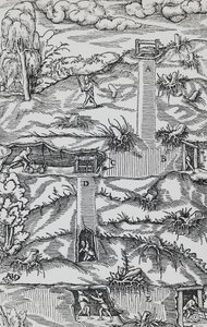 Gravering fra De re metallica (Om metallers natur), af Georg Pawer eller Georgius Agricola (1494-1555), udgivet i Basel af German School