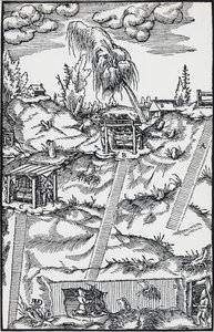 Gravering fra De re metallica (Om metallers natur), af Georg Pawer eller Georgius Agricola (1494-1555), udgivet i Basel af German School