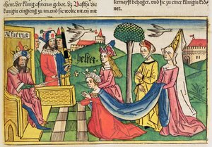 Esther 2 15-18, Esther er valgt til at være dronning af den persiske kong Ahasverus, fra Nürnbergbibelen (Biblia Sacra Germanaica) (farvet træsnit) af German School