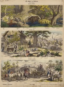 Europa: skov i Litauen; tysk landsby; Italiensk landevej (farvegravering) af German School