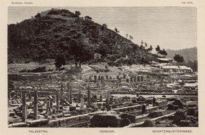 Udgravning af stedet for oldtidens Olympia, Grækenland: Palaestra, Hera-templet og skattekamrene (gravering) af German School
