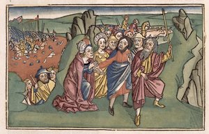 Anden Mosebog 14 Moses og israelitterne krydser Det Røde Hav, fra Nürnbergbibelen (Biblia Sacra Germanaica) (farvet træsnit) af German School