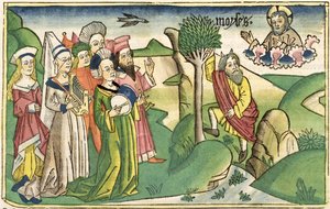 Anden Mosebog 15 1-19 Moses sang, fra Nürnbergbibelen (Biblia Sacra Germanaica) (farvet træsnit) af German School