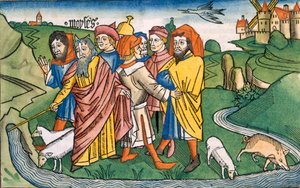Anden Mosebog 17 1-7 Moses får vandet til at strømme fra Harebs klipper, fra Nürnbergbibelen (Biblia Sacra Germanaica) (farvet træsnit) af German School