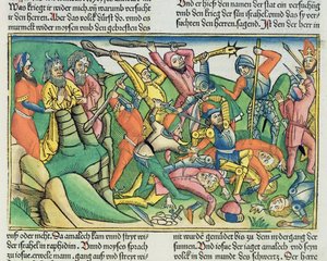 Anden Mosebog 17 8-15 Aron og Hur støtter Moses hænder for at sikre israelitterne sejr over amalekiterne, fra Nürnbergbibelen (Biblia Sacra Germanaica) (farvet træsnit)
