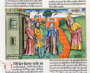 Anden Mosebog 7 8-25 Arons stav i form af en slange opsluger faraos vismænds og troldmænds slanger, og Moses forvandler Nilens vand til blod, fra Nürnbergbibelen (Biblia Sacra)