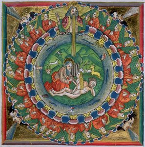 Faksimilekopi af 1. Mosebog 2:22 Gud skabte Eva, fra Nürnbergbibelen (Biblia Sacra Germanaica) af German School
