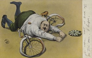 Fed mand, faldet af sin cykel (farve litho) af German School