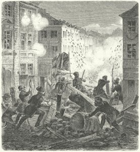 Kamp ved en barrikade foran rådhuset i Colln, Berlin, revolutionen i 1848 (gravering) af German School
