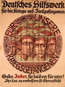 Første Verdenskrigsplakat, der opfordrer tyskerne til at give penge til at hjælpe tyske krigsfanger (farve litho) af German School