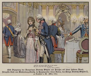 Første møde mellem kronprins Frederik Vilhelm af Preussen og hans kommende brud, prinsesse Louise af Mecklenburg-Strelitz i hans fars, kong Frederik Vilhelm II, hovedkvarter i Frankfurt af German School