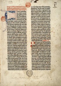Første side af Bibelen på latin (vulgata) af Gutenberg udarbejdet i Mainz 1452 - 1454. Begyndelsen på epitre af Saint Hieronymus til præsten Paulin, der beskæftiger sig med alle de hellige skrifters bøger. af German School