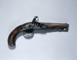 Flintlock Pistol, tøndemager Johann Andreas Kuchenreuter (1716-1795), ca. 1750 (stål, valnød, messingbeslag, tønde indlagt med guld, messing og sølv) af German School
