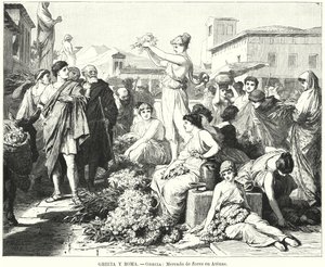 Blomstermarked i Athen, det antikke Grækenland (litho) af German School