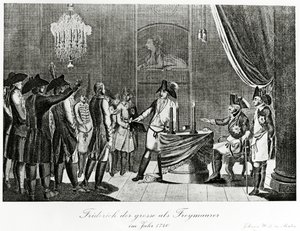 Frederik den Store modtager sin svoger, Frederik, markgreve af Brandenburg-Bayreuth som frimurer i Berlin i 1740 af German School