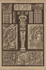 Fransk renæssance, plastik ornamenter i sten og træ (farve litho) af German School