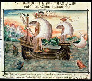Galleon i fuld sejl på vej til Portugal, illustreret af Colour (eller Keller) familien fra Nürnberg (vellum) af German School
