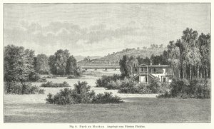 Havedesign: Muskau Park, Tyskland, anlagt af Prins Hermann von Pueckler-Muskau (gravering) af German School