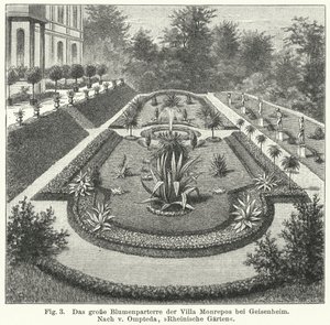 Havedesign: stor parterre ved Monrepos, ejendom efter bankmand og amatørastronom Heinrich Eduard von Lade, Geisenheim, Tyskland (gravering) af German School