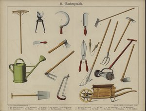 Haveredskaber (farve litho) af German School
