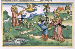 Første Mosebog 21 1-14 Abrahams ofring af Isak, fra Nürnbergbibelen (Biblia Sacra Germanaica) (farvet træsnit) af German School