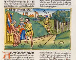 Første Mosebog 27 6-29 Jakob får Isaacs velsignelse, fra Nürnbergbibelen (Biblia Sacra Germanaica) (farvet træsnit)