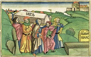 1. Mosebog 49:28-33 Jakobs begravelse, fra Nürnbergbibelen (Biblia Sacra Germanaica) (farvet træsnit) af German School
