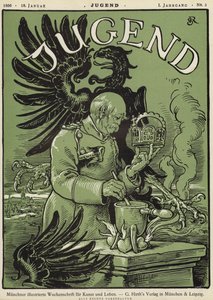 Den tyske kansler Otto von Bismarck holder kronen af Det Hellige Romerske Rige (farve litho) af German School