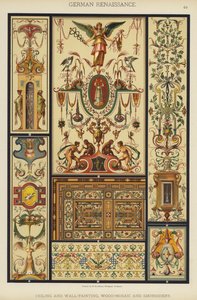 Tysk renæssance, loft- og vægmaling, træ-mosaik og broderi (farve litho) af German School